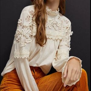 Anthropology Elegant Cream Embroidered Women's Top